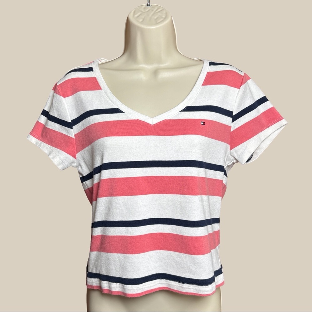 Tommy Hilfiger Women’s Striped V Neck T Shirt 100% Cotton White Pink Navy SZ L